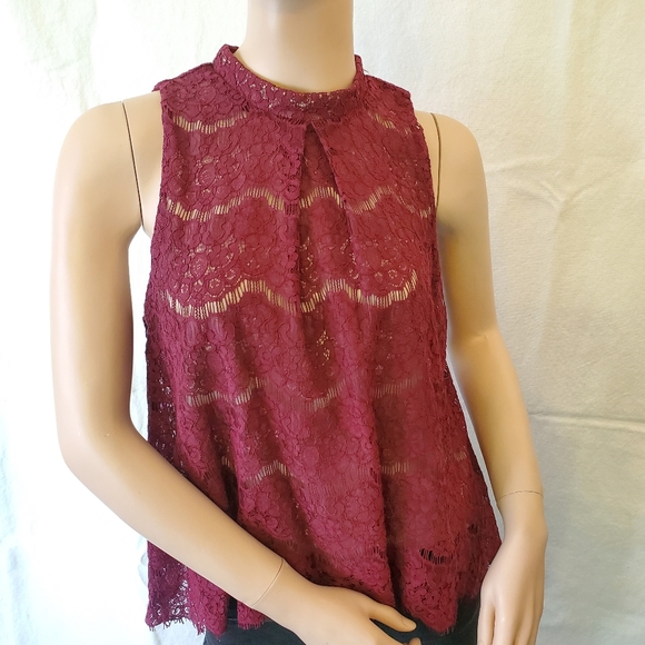 Burgundy Lace Mock Neck Top - Picture 2 of 11